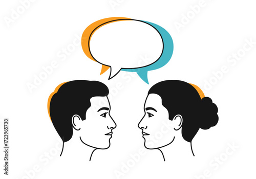 Two people talking to each other with a speech bubble above their heads.
