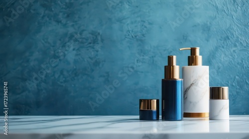 Natural skin care products on white marble against blue wall with copy space.