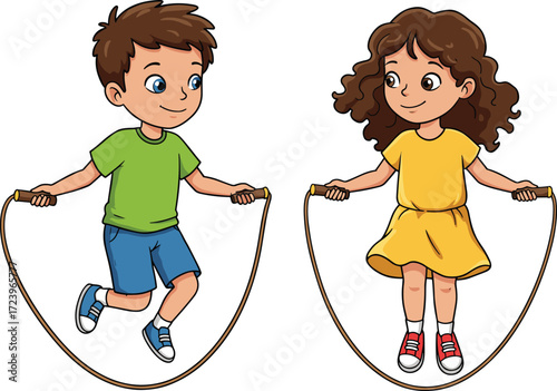 Happy kids skipping rope together, boy and girl jump rope exercise, children playing outdoor activity, cartoon illustration for education design