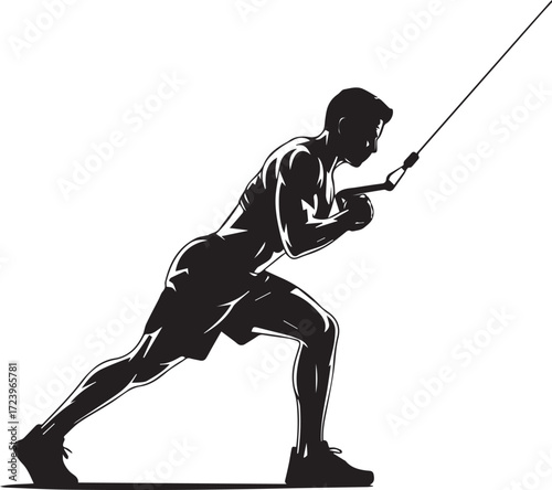 Fitness silhouette man performing triceps pushdown exercise with gym cable machine