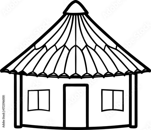 Line Art of Rural Hut with Thatched Roof Isolated Vector Illustration, Minimal Line Drawing of Traditional Village House, Hand Drawn Countryside Home Outline, Rustic Architecture Line Art Vector