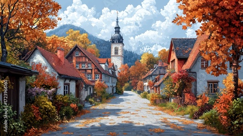 Charming village, watercolor painting, illustration, clip art