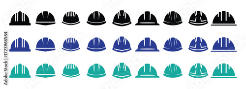 Collection of hard hats in black, blue, and teal colors, arranged in three rows on a white background, representing safety and construction