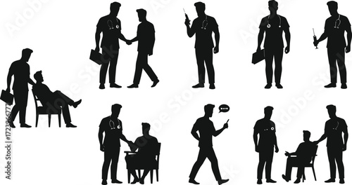 doctor, nurse, medical, professional, healthcare, patient, consultation, handshake, clipboard, sit, stand, walk, gesture, silhouette, icon, vector, illustration, black, white, hospital, design