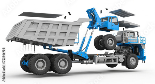 Detailed exploded view of a large dump truck showing all major components suspended in the air for educational purposes
