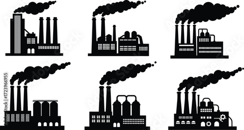 Industrial factory buildings with chimneys and smoke pollution, manufacturing plant silhouettes, heavy industry production, power plant infrastructure illustration