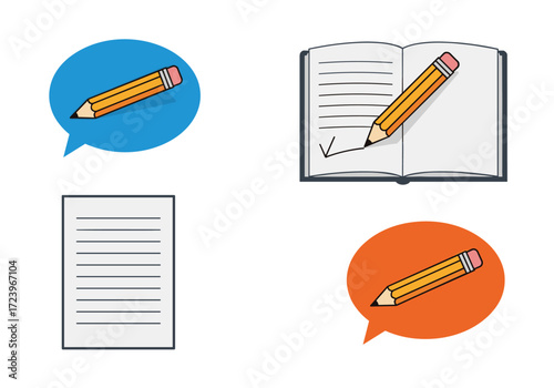 Illustrations of writing materials and paper documents.