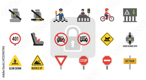 Collection of Road Safety and Traffic Regulation Signs for Drivers and Pedestrians.