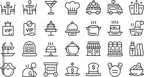 Set of minimalist line icons representing outdoor cafe and restaurant elements black outline vector illustration.