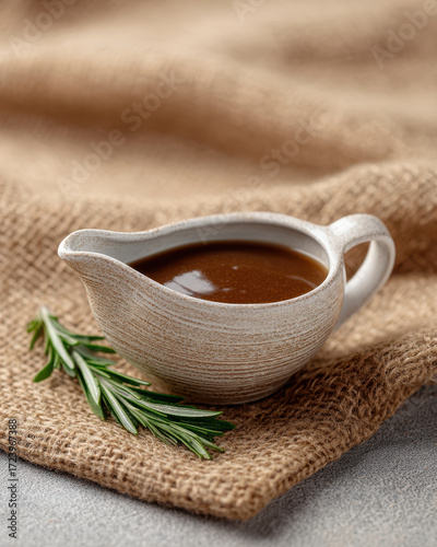 Thanksgiving dinner table, Gravy sauce in ceramic jug with rosemary on burlap cloth for thanksgiving dinner table setting