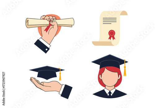 Graduation cap and diploma icons for education and achievement.