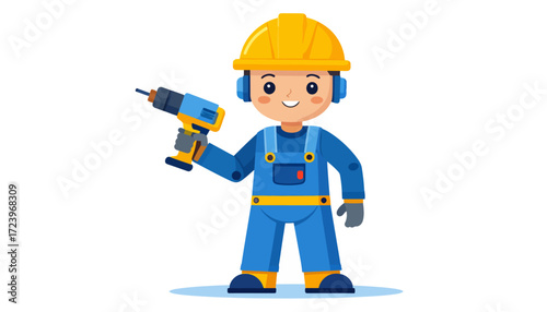 Cute Construction Worker with Drill Flat Vector Illustration for Building and Repair Concepts