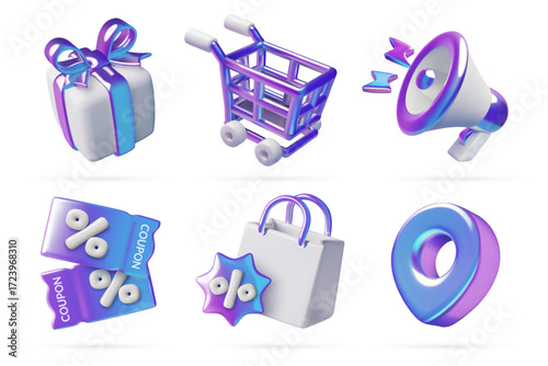 Shopping and e-commerce 3d icons set. Holographic gradient sale coupons, shopping cart, paper bag, gift box, megaphone and location pin realistic vector illustrations isolated on white background. 