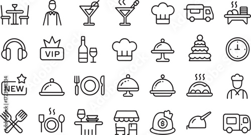 Set of minimalist line icons representing outdoor cafe and restaurant elements black outline vector illustration.