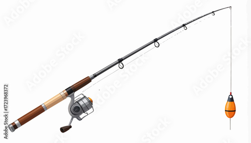 Fishing rod with reel and float, ready for fishing.