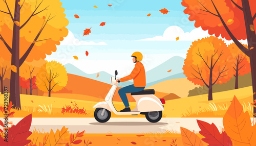 Autumn Scooter Ride Scenic Illustration of a Person on a Scooter with Fall Foliage