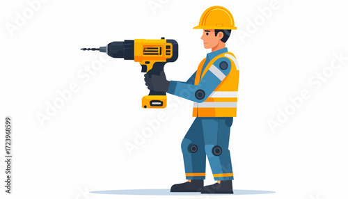 A worker in safety gear uses a power drill.