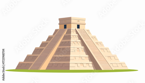 Illustration of the Chichen Itza pyramid, a Mayan archaeological site, with a grassy base.