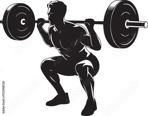 Fitness athlete silhouette performing a barbell squat weightlifting workout intense strength training