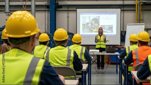 Instructor teaching a group of workers wearing hard hats and safety vests in a classroom setting with a projector screen