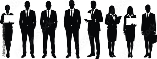 Business team silhouettes, corporate professionals, formal attire, teamwork concept, leadership diversity, office staff, career people, business group, vector illustration, black silhouettes