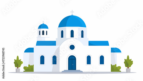 Illustration of a white church with blue domes and accents, set against a clean white background.