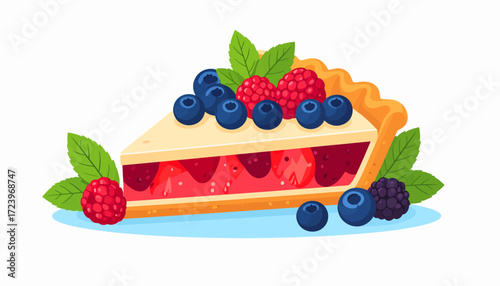 A colorful slice of berry pie, topped with blueberries, raspberries, and blackberries, sits on a light blue plate.