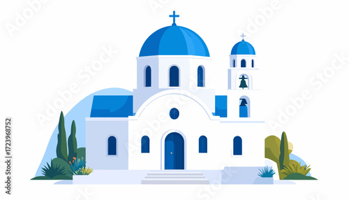 A stylized illustration of a Greek church, featuring a whitewashed facade and blue-domed roof, nestled in a landscape of greenery.
