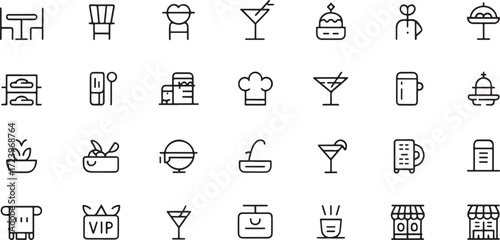 Set of minimalist line icons representing outdoor cafe and restaurant elements black outline vector illustration.
