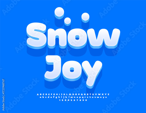 Vector Festive poster Snow Joy. Snow White Font. Funny Round 3D Alphabet Letters and Numbers set.
