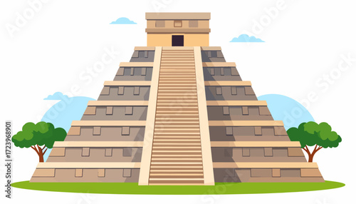 Flat vector illustration of Chichen Itza pyramid with stairs, trees, and blue sky, a Yucatan landmark
