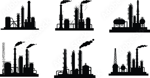 Industrial refinery factory silhouette set with chimneys, oil and gas storage tanks, smoke emissions, petrochemical plant, energy production vector illustration
