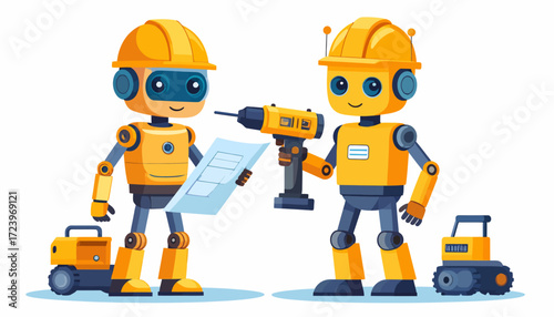 Two yellow robots in hard hats, one holding blueprints and the other a power drill, are ready for construction.
