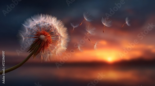 Dandelion Seeds Floating in the Air Against a Beautiful Sunset Over Water