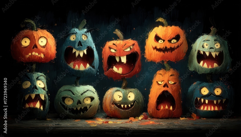 Fototapeta premium Jack-o'-lantern pumpkin face collection, spooky and funny expressions