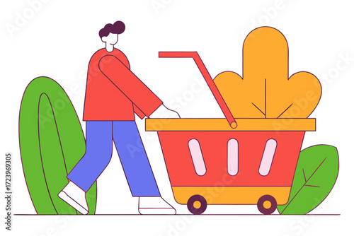 Person pushing a shopping cart with groceries and plants