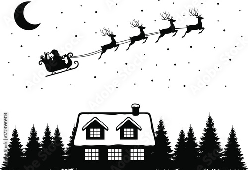 Christmas night silhouette, Santa sleigh flying, winter house with pine trees, festive moonlight scene, holiday vector illustration, seasonal black and white art