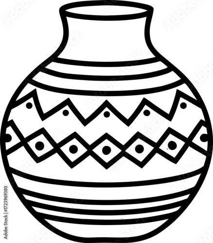 Line Drawing of Water Pot with Tribal Carving Isolated Vector, Traditional Folk Earthen Vessel Outline, Hand Drawn Decorative Tribal Pot Line Art, Ethnic Carved Water Pot Vector Illustration