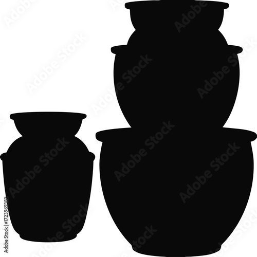 Silhouette of Two Water Pots Stacked Isolated on White Vector, Black Folk Earthen Pots Icon, Traditional Clay Vessel Illustration, Rustic Stacked Water Pots Silhouette