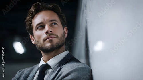 Wallpaper Mural A professional man in a suit leans against a wall looking upwards with a thoughtful expression contemplating a decision Torontodigital.ca