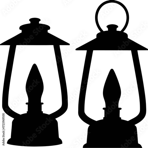 Silhouette of Lantern Glowing Flame Shape Isolated on White Vector, Black Decorative Lantern with Flame Icon, Traditional Folk Lighting Silhouette, Hand Drawn Vintage Lantern with Glow Illustration