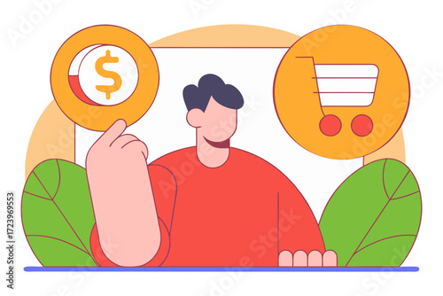 Man considering shopping cart and dollar coin