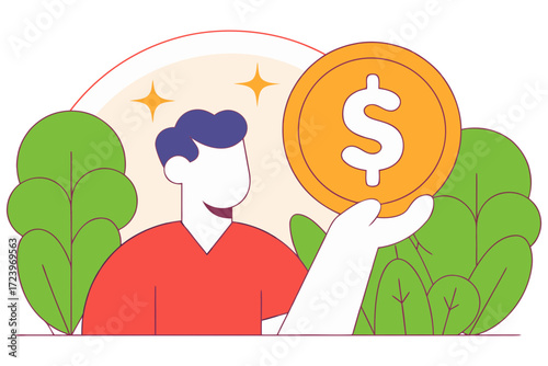 Person holding a large golden dollar coin with green foliage