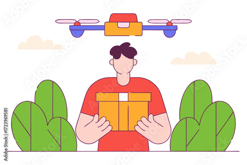 Delivery drone oversees person holding a package amidst greenery