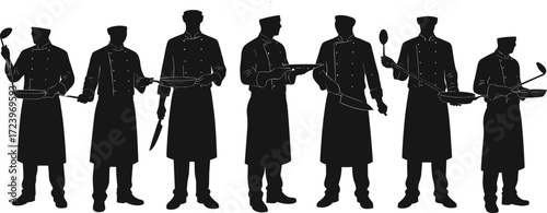 Chef silhouettes, kitchen team, cooking utensils, professional chefs, culinary staff, restaurant workers, food preparation, apron, chef hat, teamwork, vector illustration