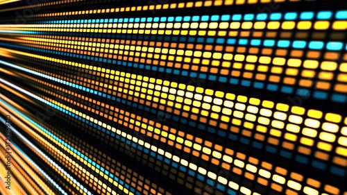 A vibrant animated LED panel where bright multi-colored stripes create the effect of movement and energy. Digital flow. Light dynamics and pixel energy.