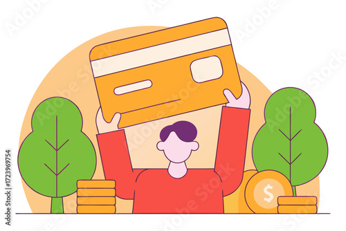 Person holds up large credit card surrounded by coins and trees