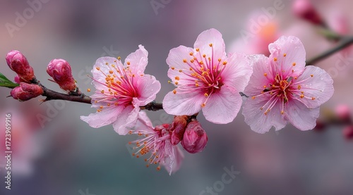 Delicate Pink Blossoms on a Spring Branch with Soft Focus Background and Fresh Buds Appearing in Nature's Serenity