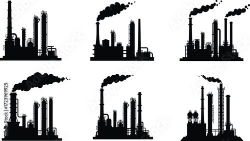 Petrochemical factory silhouette set with chimneys, refinery towers, industrial smoke, oil plant icons, gas production, heavy industry energy illustration