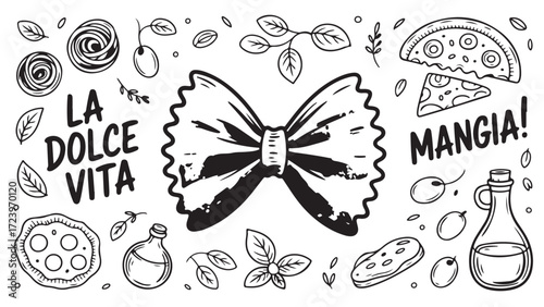 Hand-drawn illustration of farfalle pasta pizza slices olives basil and olive oil bottle representing Italian cuisine and the concept of La Dolce Vita
